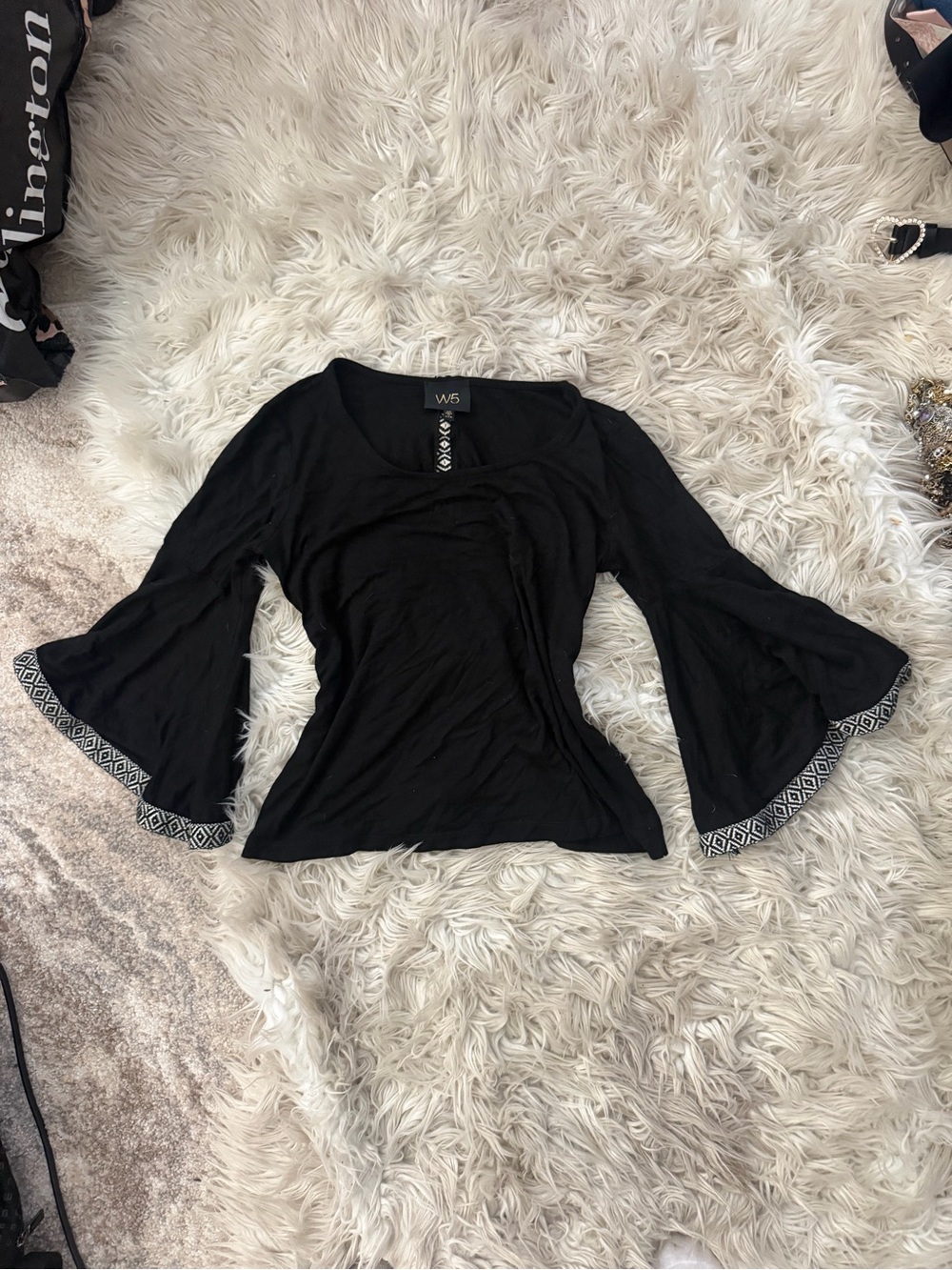 W5 Black Bell Sleeve Top with Geometric Trim